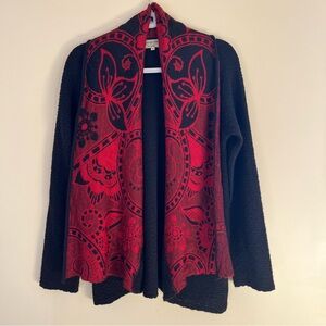 Peruvian Link Black Cardigan with Red Floral Jacquard